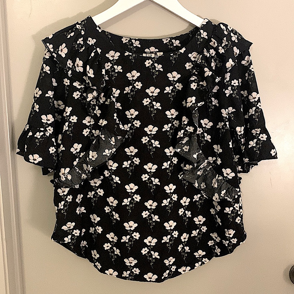 Gap blouse with ruffles, size S, black with cream flowers